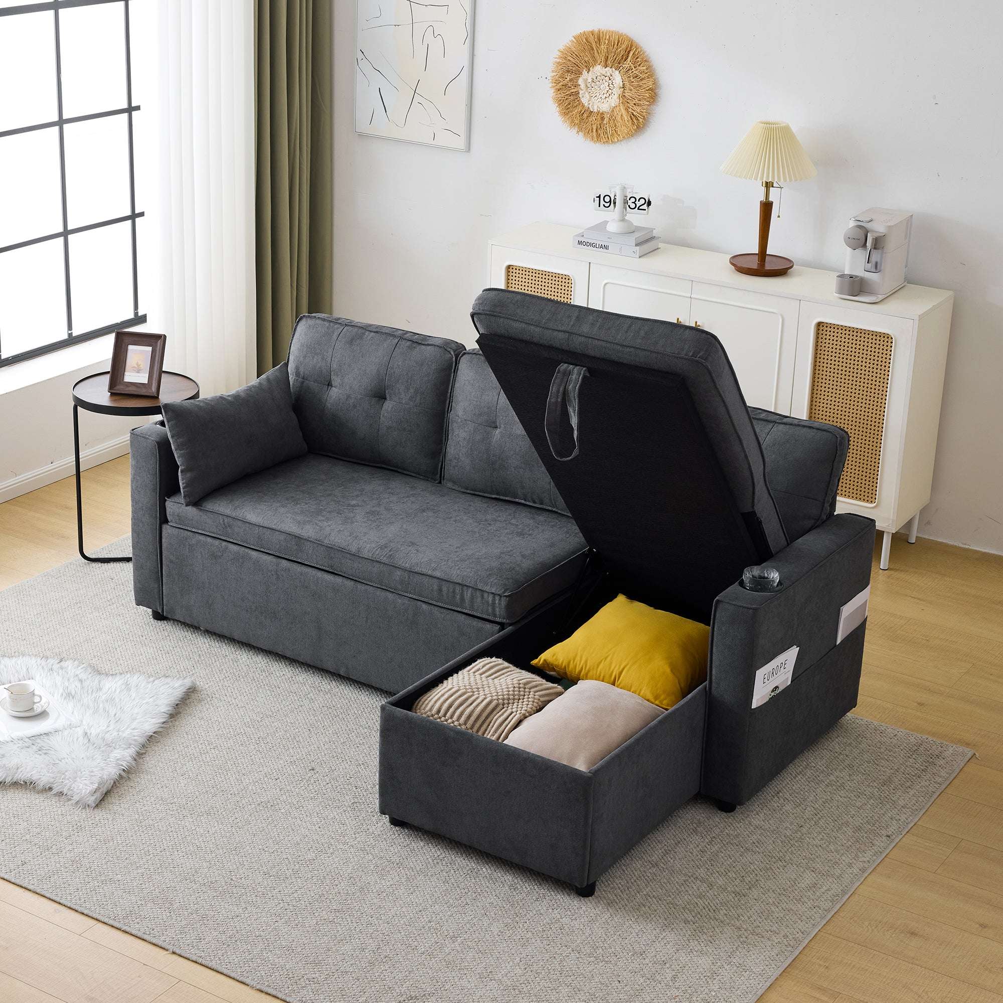 Grey 3-in-1 Convertible L-Shaped Sofa Bed with Storage Chaise | Premium Home Decor | OFIA HOME