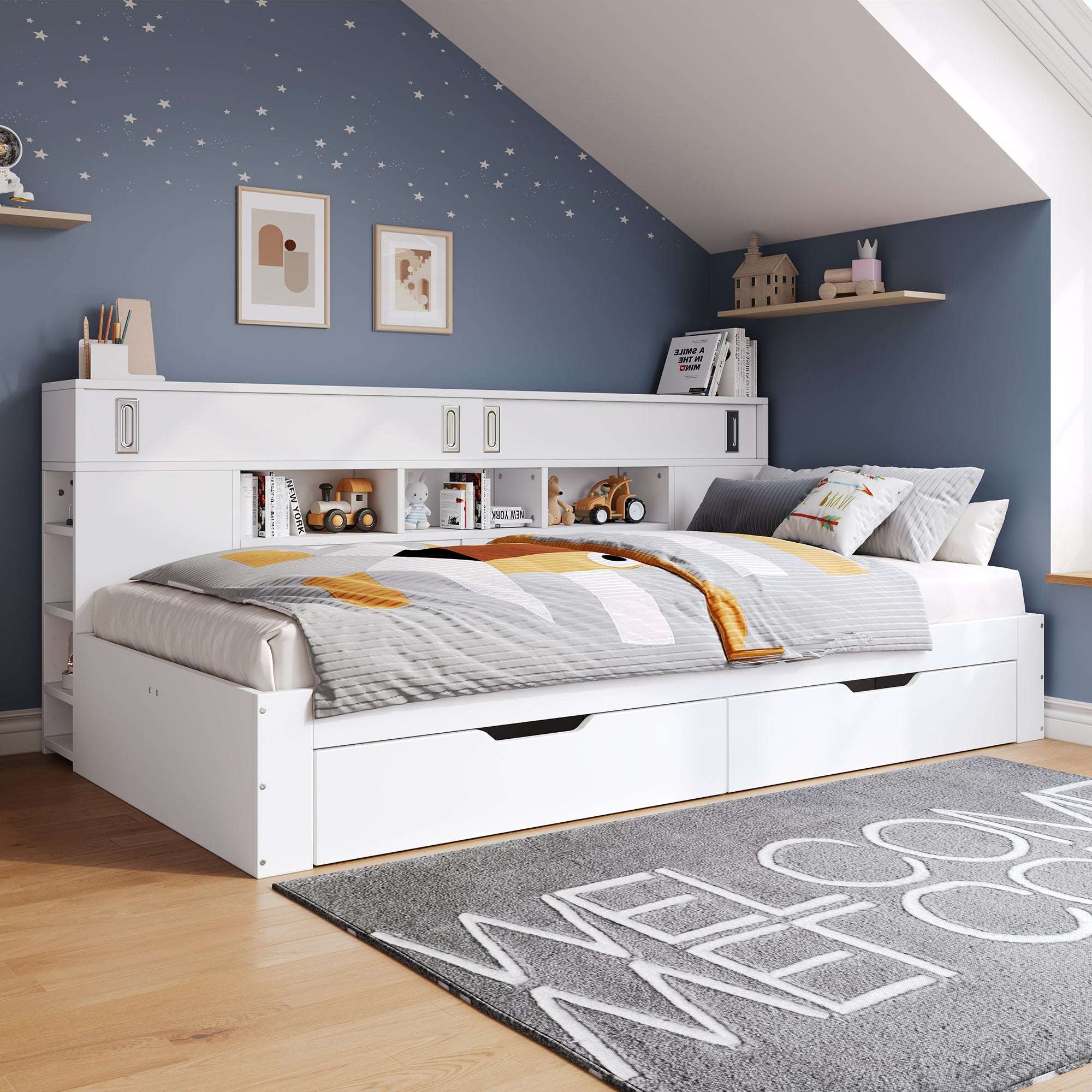 White Storage Daybed | Double Sofa Bed with Drawers & Shelves | 4ft6 | Premium Home Decor | OFIA HOME