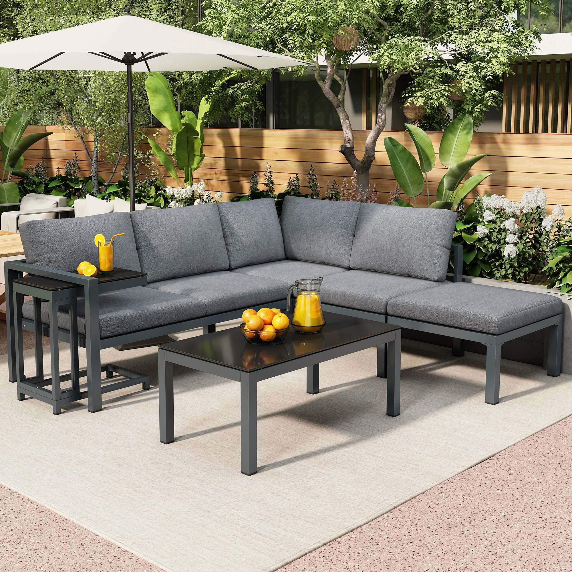 Grey Rattan Corner Garden Sofa Set | 4-5 Seater with Tables | Premium Home Decor | OFIA HOME