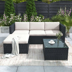 Black Rattan Corner Garden Sofa Set | 3-Seater Patio Lounge with Coffee Table | Premium Home Decor | OFIA HOME