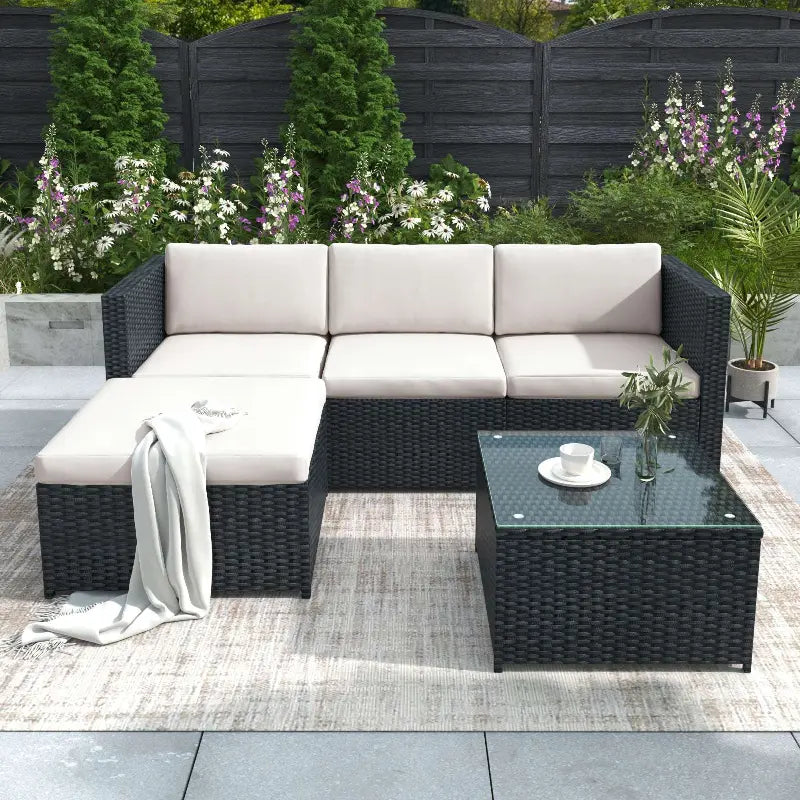 Black Rattan Corner Garden Sofa Set | 3-Seater Patio Lounge with Coffee Table