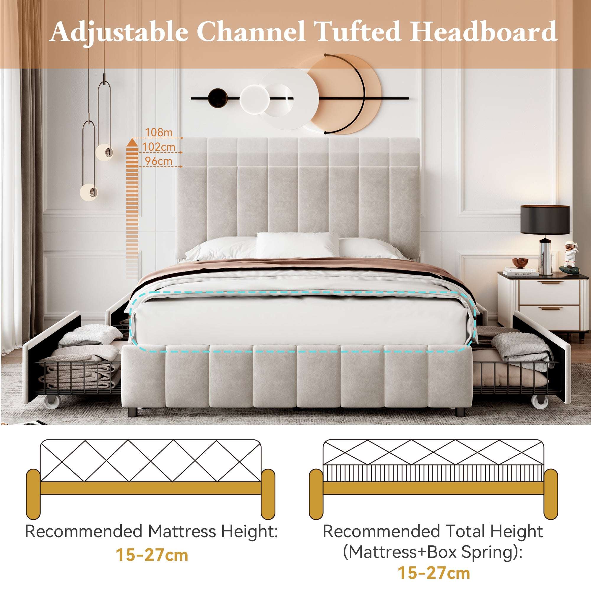 Beige Velvet Double Bed | 4 Storage Drawers & Tufted Headboard | 4ft6 | Premium Home Decor | OFIA HOME