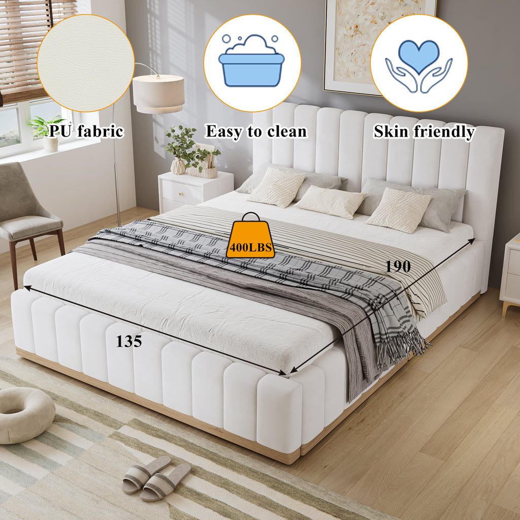 Beige Upholstered Double Bed | 4ft6 135x190cm | Soft PU Headboard | Premium Home Decor | OFIA HOME