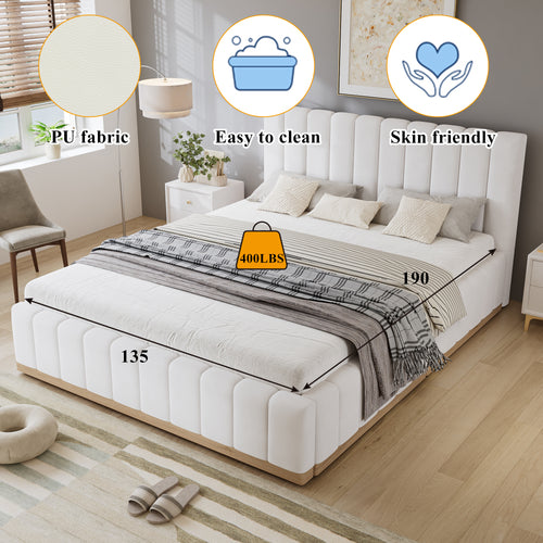 Beige Upholstered Double Bed | 4ft6 135x190cm | Soft PU Headboard | Premium Home Decor | OFIA HOME