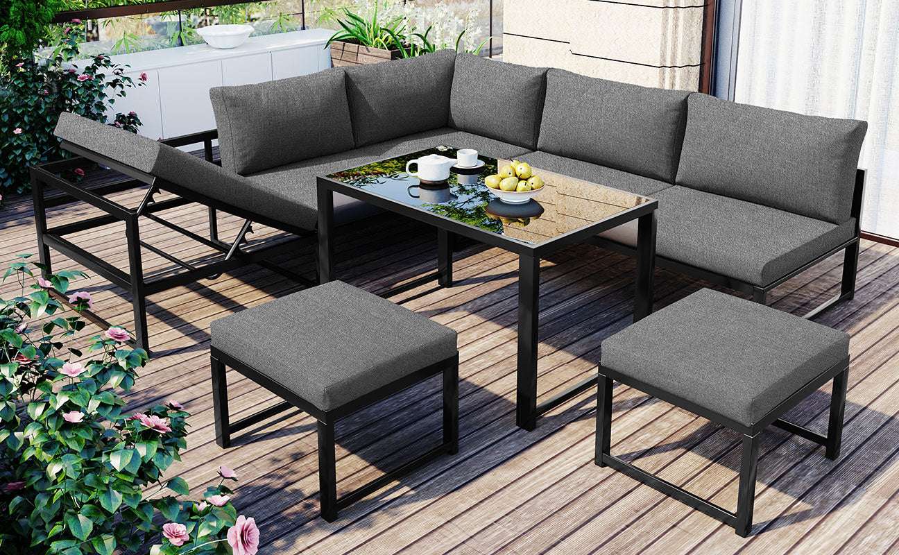 Grey Reclining Garden Lounge Set | Adjustable Backrest, All-Weather Cushions & Galvanised Frame | Premium Home Decor | OFIA HOME