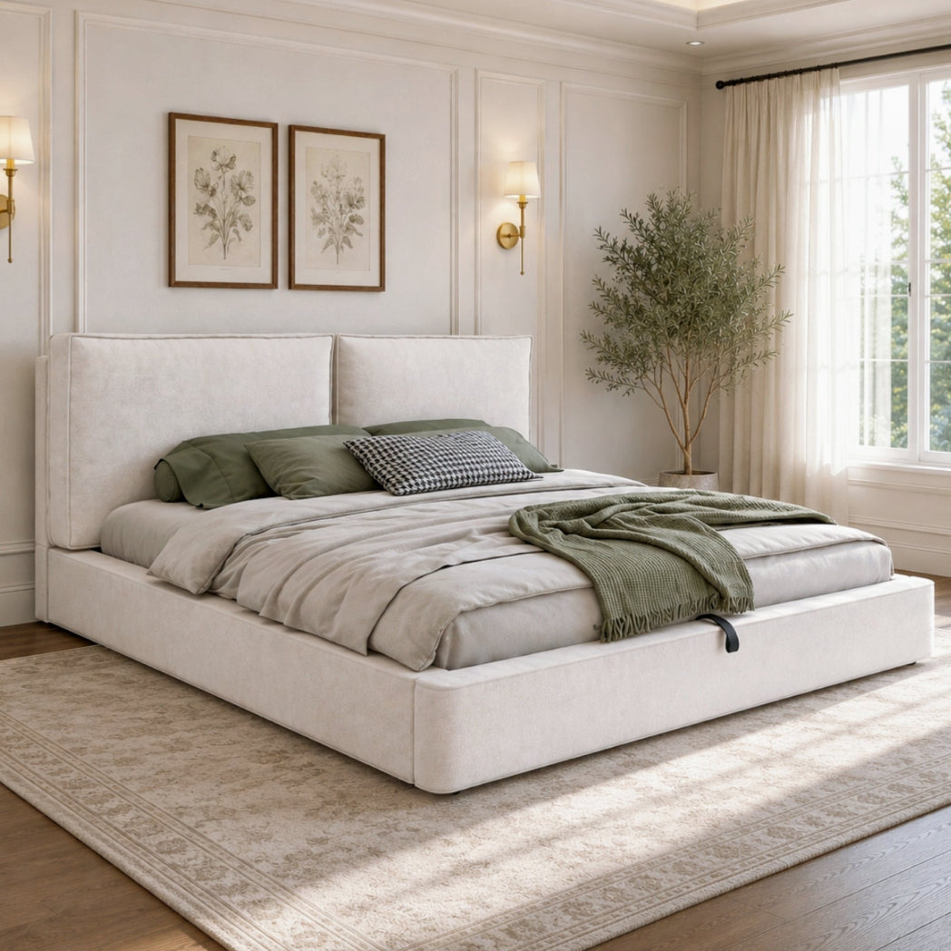 Beige Chenille Double Ottoman Bed | 4ft6 Hydraulic Storage & Padded Headboard | Premium Home Decor | OFIA HOME