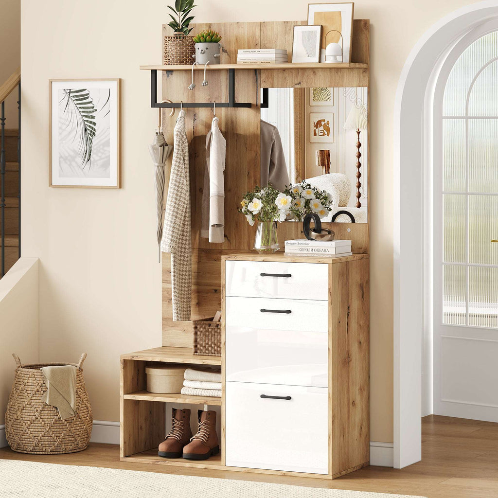7-in-1 Hall Tree with Coat Rack, Mirror & Shoe Storage – White & Oak | Premium Home Decor | OFIA HOME