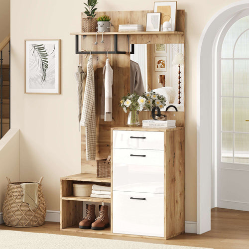 7-in-1 Hall Tree with Coat Rack, Mirror & Shoe Storage – White & Oak | Premium Home Decor | OFIA HOME