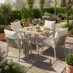 4 Seater Garden Dining Set | Rope Woven Chairs & Plastic Wood Table | Umbrella Hole | Beige | Premium Home Decor | OFIA HOME