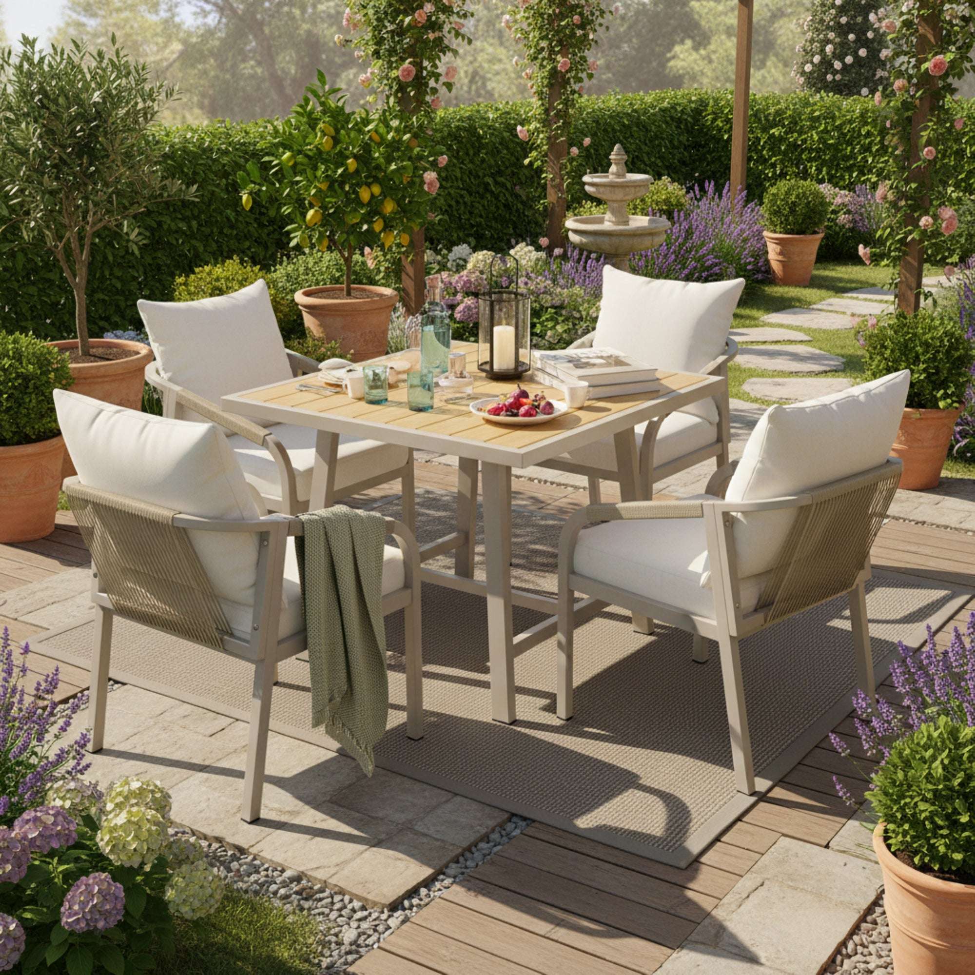 4 Seater Garden Dining Set | Rope Woven Chairs & Plastic Wood Table | Umbrella Hole | Beige | Premium Home Decor | OFIA HOME