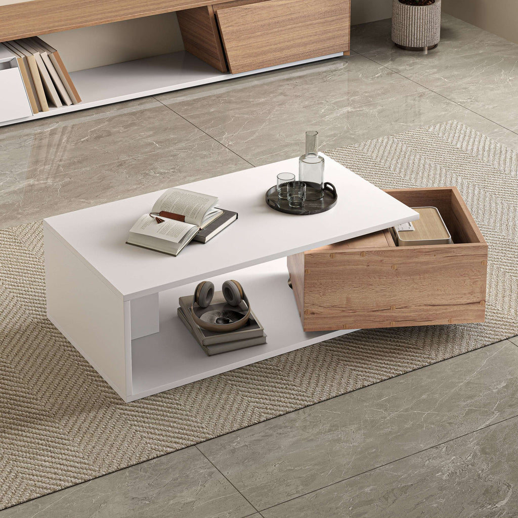 White High Gloss Coffee Table with 360° Rotating Drawer | 90x50cm | Premium Home Decor | OFIA HOME
