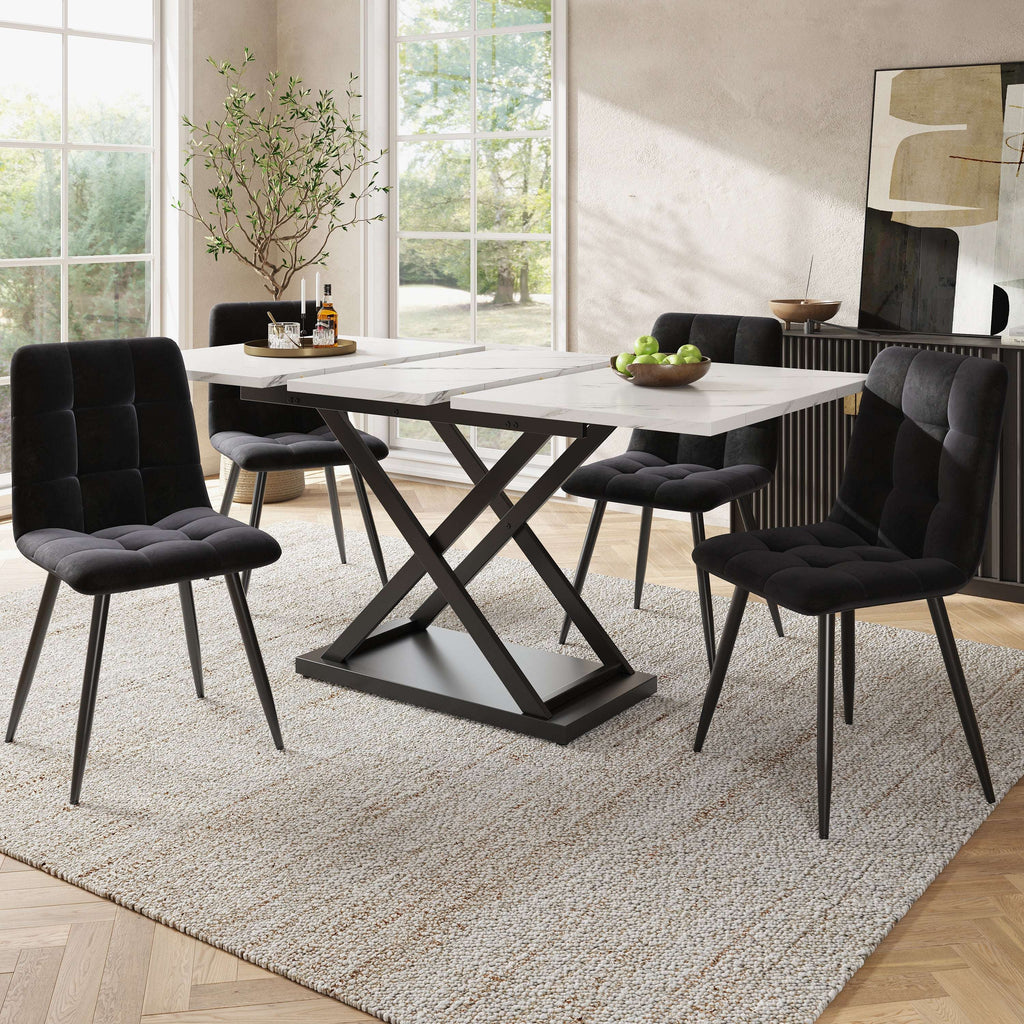 5-Piece Extendable Dining Table Set | White Marble Table & Black Velvet Chairs | Seats 4 | Premium Home Decor | OFIA HOME