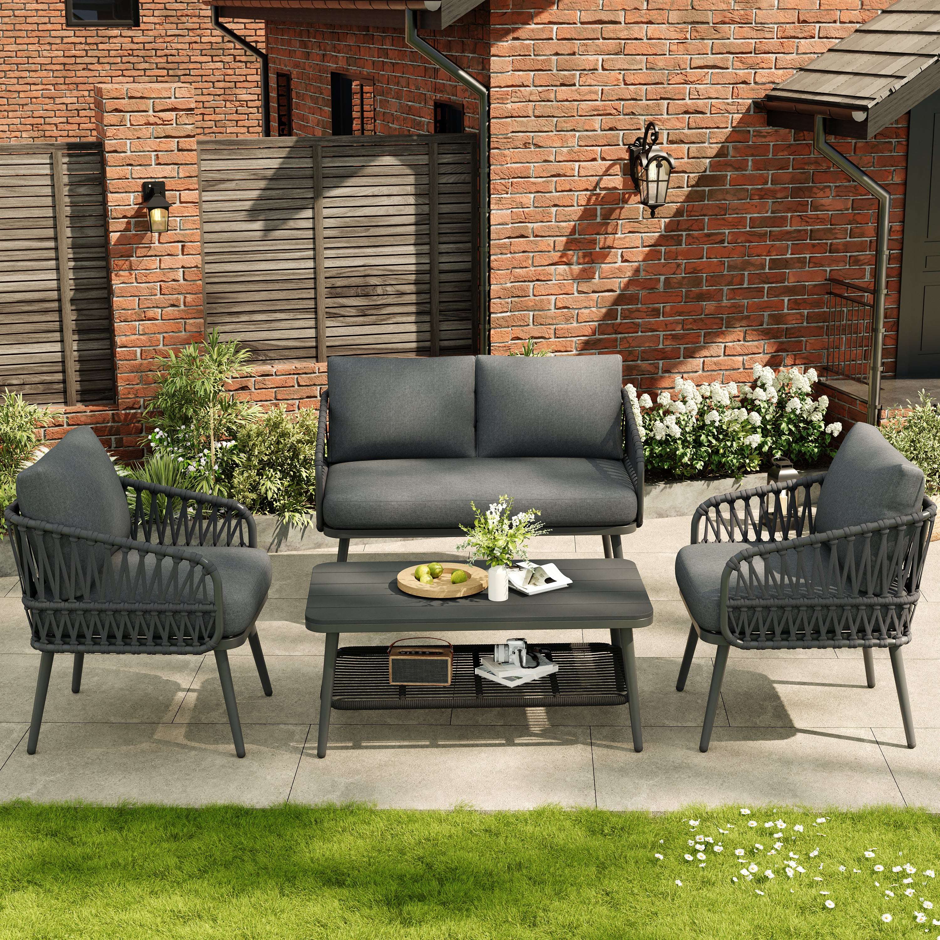 Grey 4-Seater Rope Weave Garden Lounge Set | All-Weather | Premium Home Decor | OFIA HOME