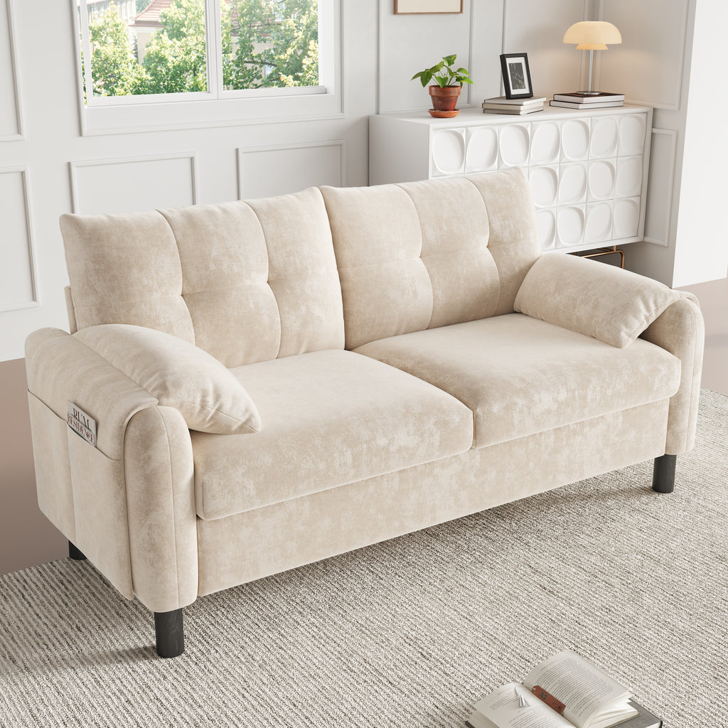 Beige Chenille 2 Seater Sofa | Pillow Armrests, Side Storage & Pocket Spring Cushions | Premium Home Decor | OFIA HOME