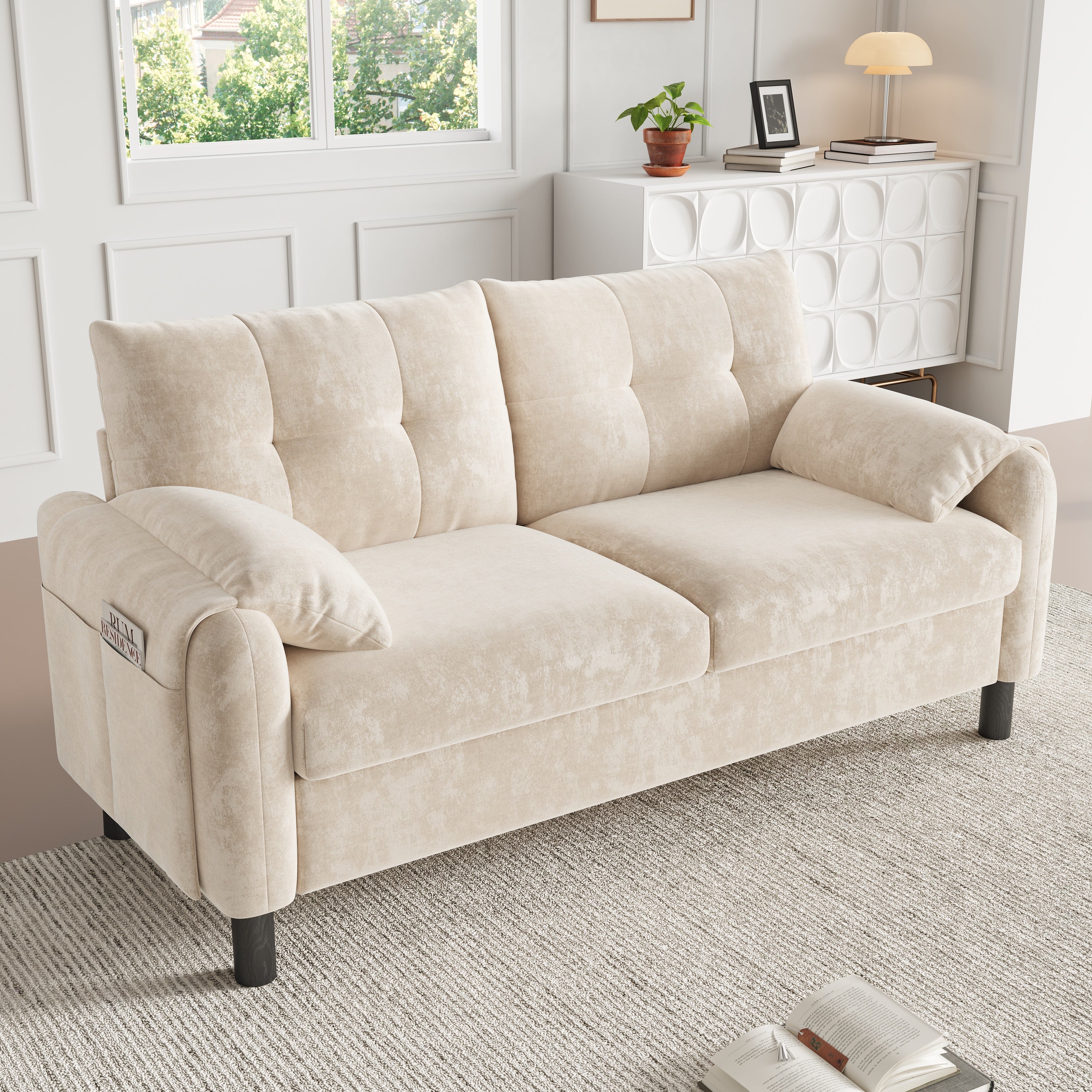 Beige Chenille 2 Seater Sofa | Pillow Armrests, Side Storage & Pocket Spring Cushions | Premium Home Decor | OFIA HOME