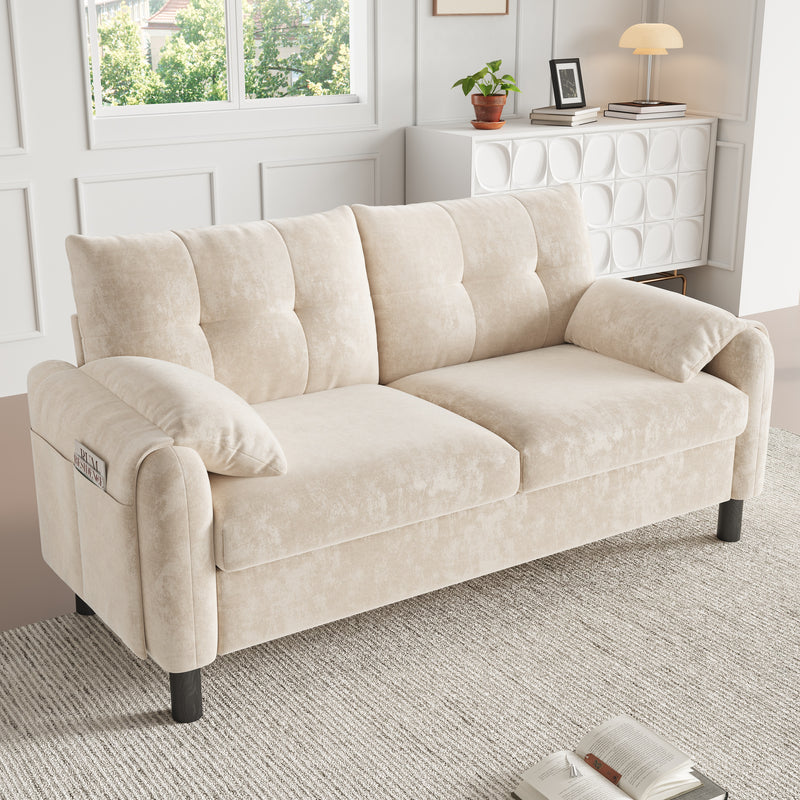 Beige Chenille 2 Seater Sofa | Pillow Armrests, Side Storage & Pocket Spring Cushions | Premium Home Decor | OFIA HOME
