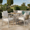 4 Seater Garden Dining Set | Rope Woven Chairs & Plastic Wood Table | Umbrella Hole | Beige | Premium Home Decor | OFIA HOME