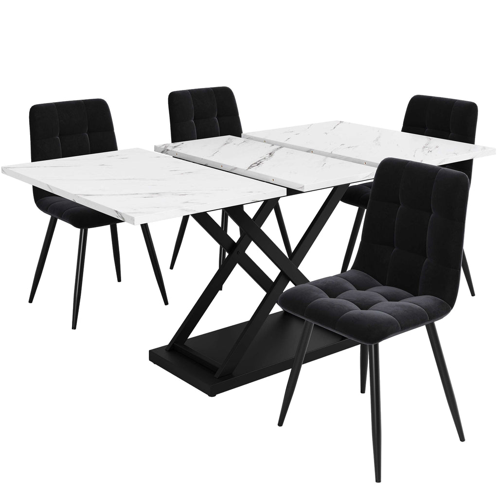 5-Piece Extendable Dining Table Set | White Marble Table & Black Velvet Chairs | Seats 4 | Premium Home Decor | OFIA HOME
