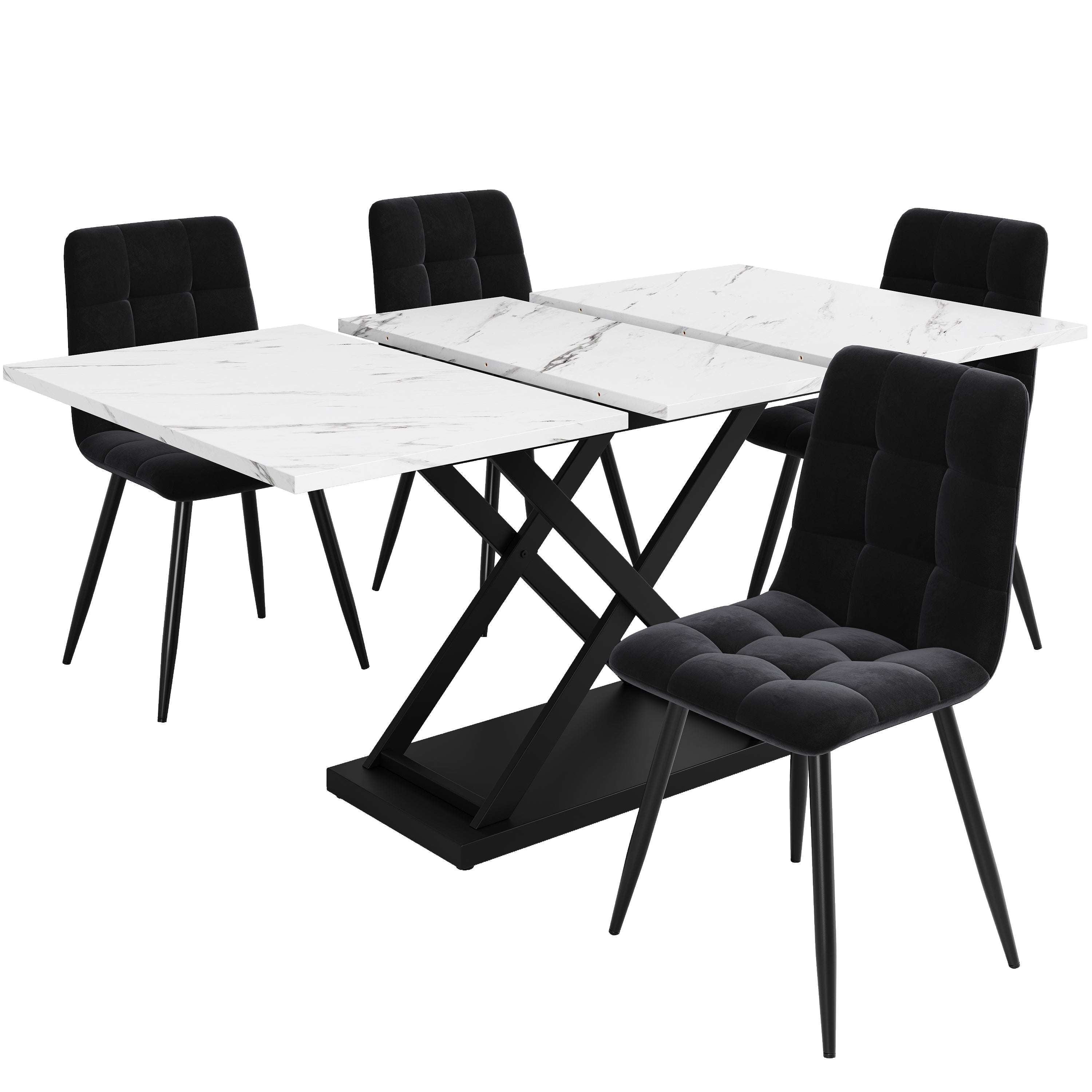 5-Piece Extendable Dining Table Set | White Marble Table & Black Velvet Chairs | Seats 4 | Premium Home Decor | OFIA HOME
