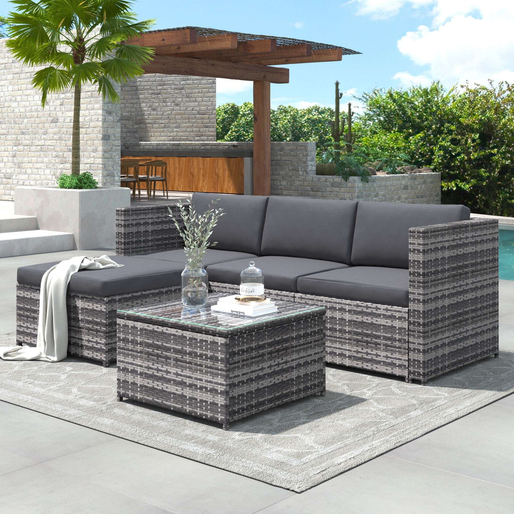 Grey Rattan Corner Garden Sofa Set | 3-Seater Patio Lounge with Coffee Table | Premium Home Decor | OFIA HOME