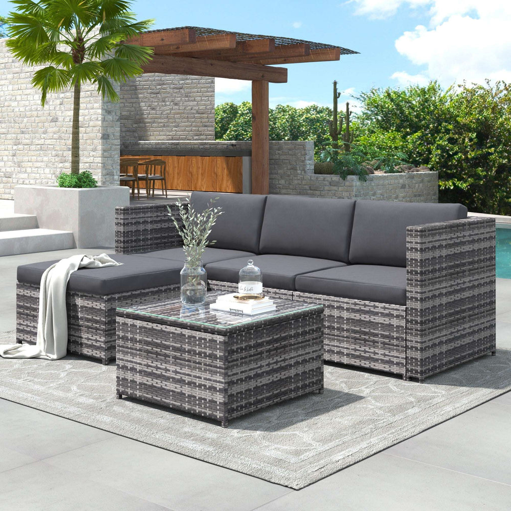 Grey Rattan Corner Garden Sofa Set | 3-Seater Patio Lounge with Coffee Table | Premium Home Decor | OFIA HOME