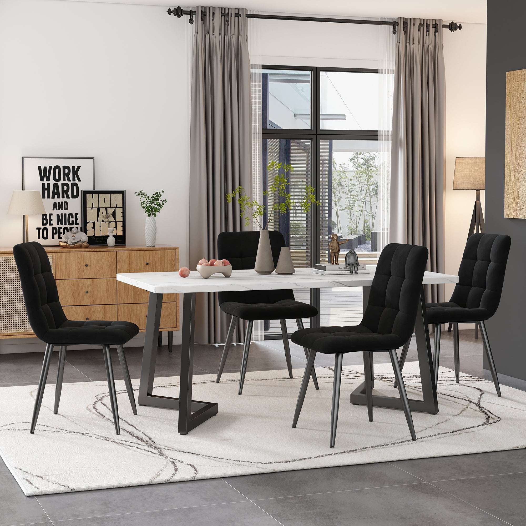 Black Marble Effect Dining Table & 4 Velvet Chairs | 117x68cm | Premium Home Decor | OFIA HOME