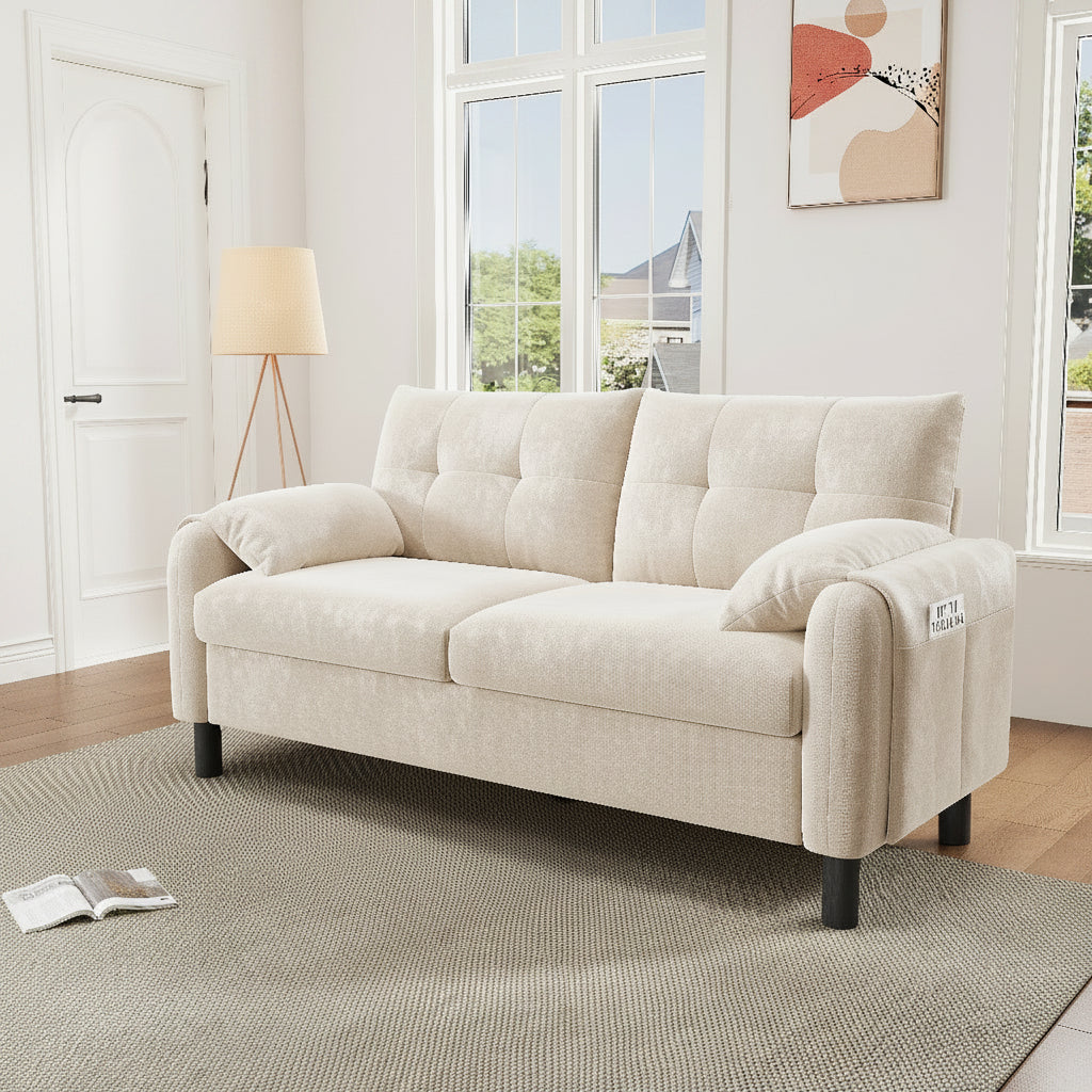 Beige Chenille 2 Seater Sofa | Pillow Armrests, Side Storage & Pocket Spring Cushions | Premium Home Decor | OFIA HOME