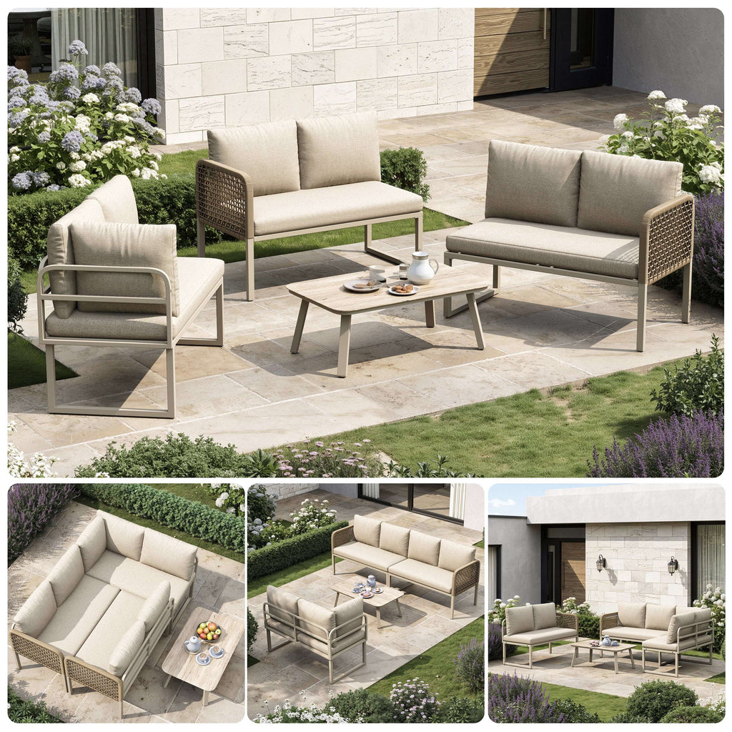 Beige L-Shaped Garden Sofa Set | 5-6 Seater | Rope Weave & Glass Table | OFIA HOME | Premium Home Decor | OFIA HOME