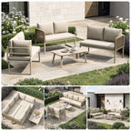 Beige L-Shaped Garden Sofa Set | 5-6 Seater | Rope Weave & Glass Table | OFIA HOME | Premium Home Decor | OFIA HOME