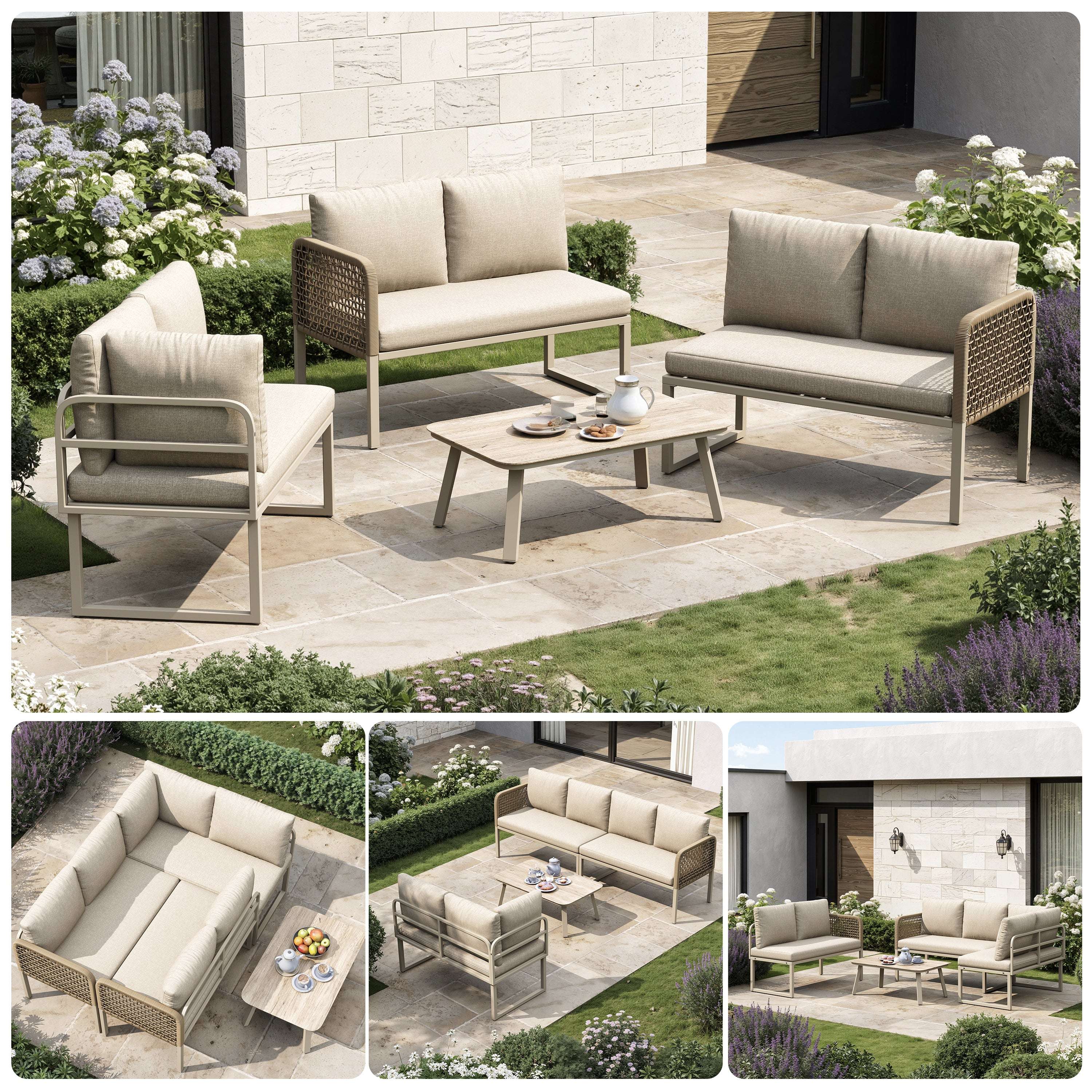 Beige L-Shaped Garden Sofa Set | 5-6 Seater | Rope Weave & Glass Table | OFIA HOME | Premium Home Decor | OFIA HOME