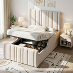 Children's Single Bed | Linen Upholstered Headboard & Hydraulic Storage | 3ft 90x190cm | Beige | Premium Home Decor | OFIA HOME