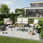 Beige Rattan Garden Lounge Set | Double Sofa, 2 Armchairs & Table | Cushions Included | Premium Home Decor | OFIA HOME