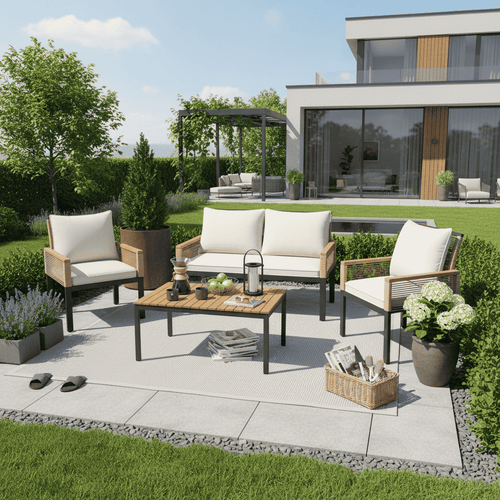 Beige Rattan Garden Lounge Set | Double Sofa, 2 Armchairs & Table | Cushions Included | Premium Home Decor | OFIA HOME