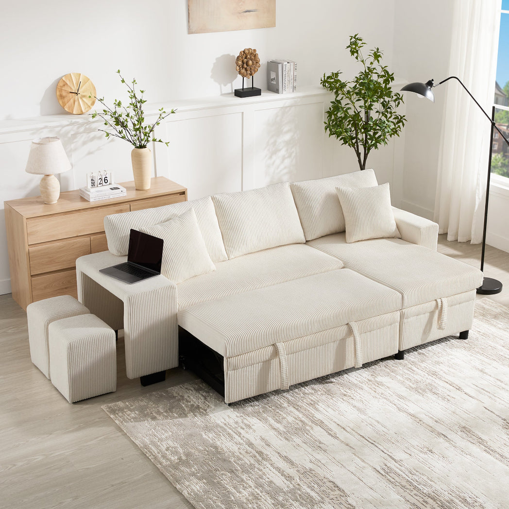 Beige L-Shaped Corner Sofa Bed with Storage, USB Charging & 2 Ottomans | Corduroy | Premium Home Decor | OFIA HOME