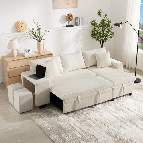 Beige L-Shaped Corner Sofa Bed with Storage, USB Charging & 2 Ottomans | Corduroy | Premium Home Decor | OFIA HOME