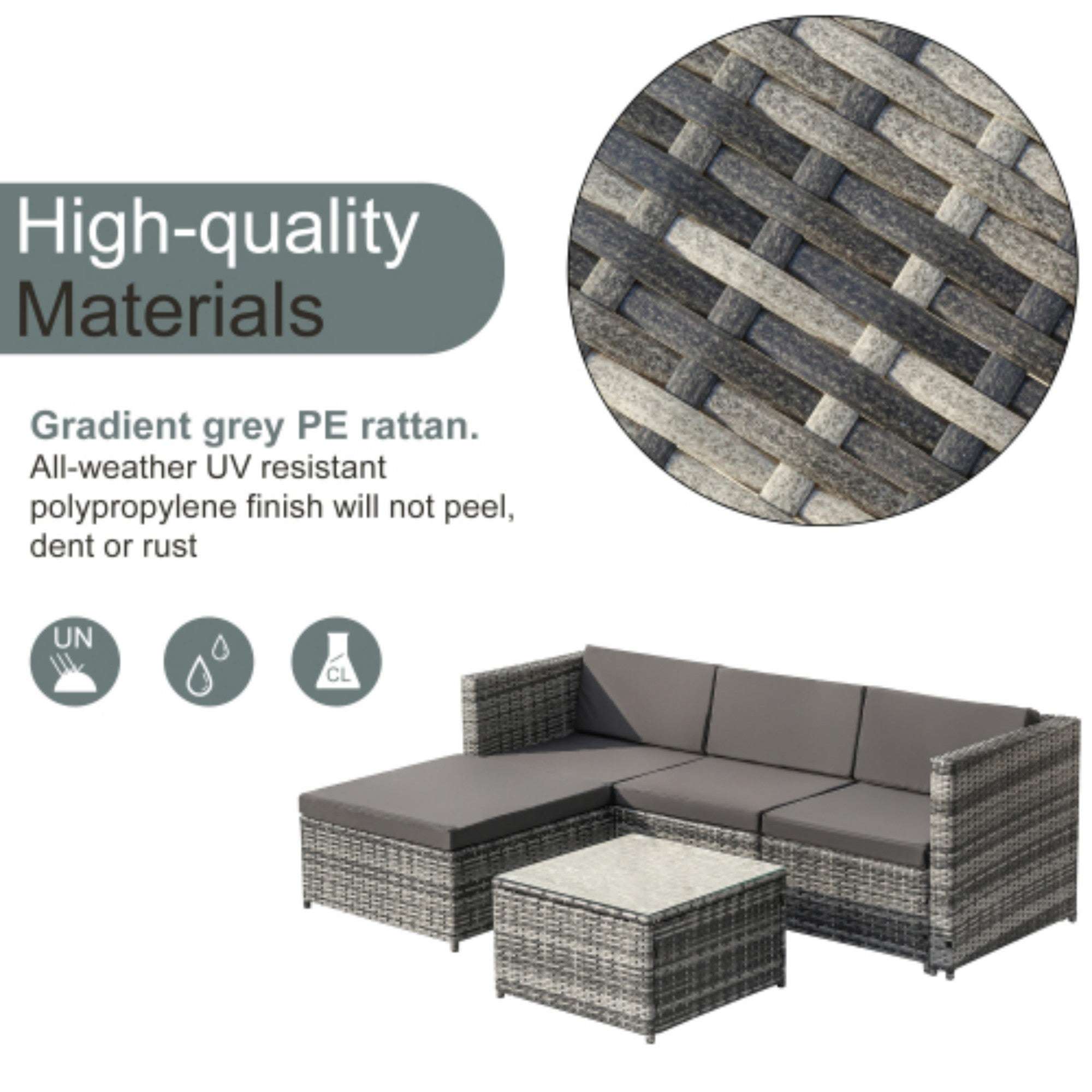 Grey Rattan Corner Garden Sofa Set | 3-Seater Patio Lounge with Coffee Table | Premium Home Decor | OFIA HOME
