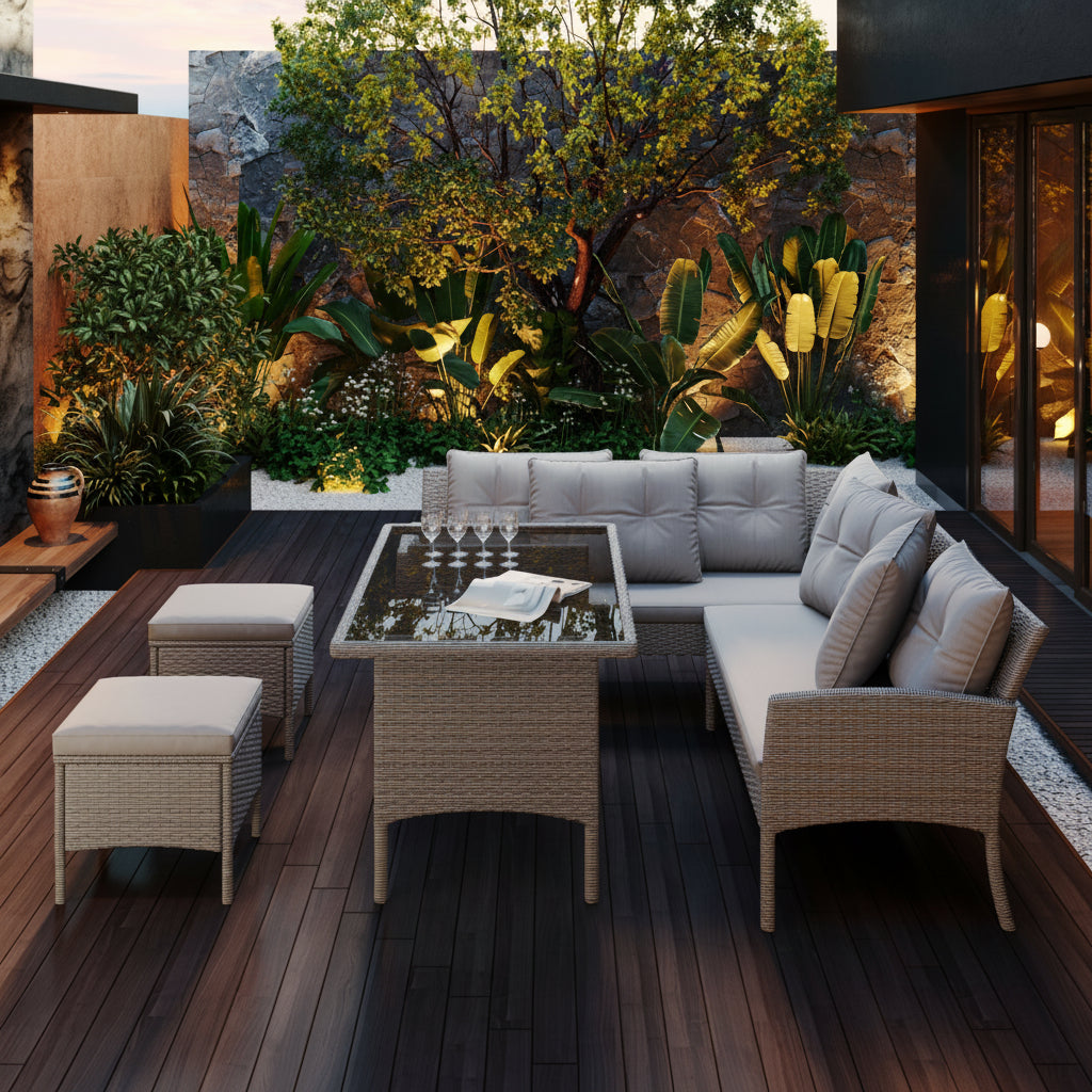 6-7 Seater Rattan Corner Garden Sofa Set | Khaki Wicker with Light Grey Cushions | Table & Stool Included | Premium Home Decor | OFIA HOME