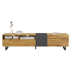 Retro Wood Grain Colourblock TV Cabinet – 3 Doors, U-Shaped Metal Legs | Premium Home Decor | OFIA HOME