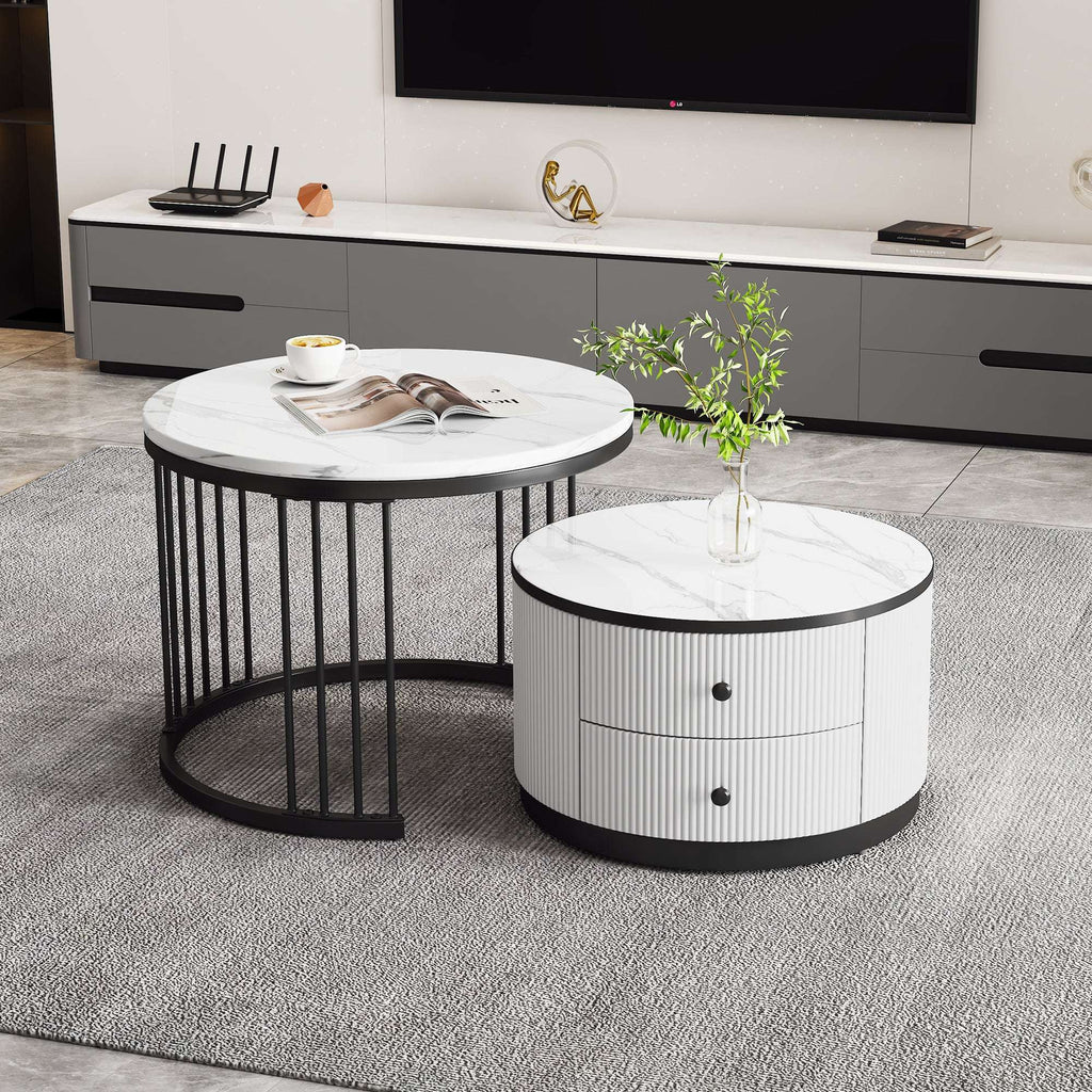 Marble Effect Nesting Coffee Tables with Storage — Set of 2 | White & Black | Premium Home Decor | OFIA HOME