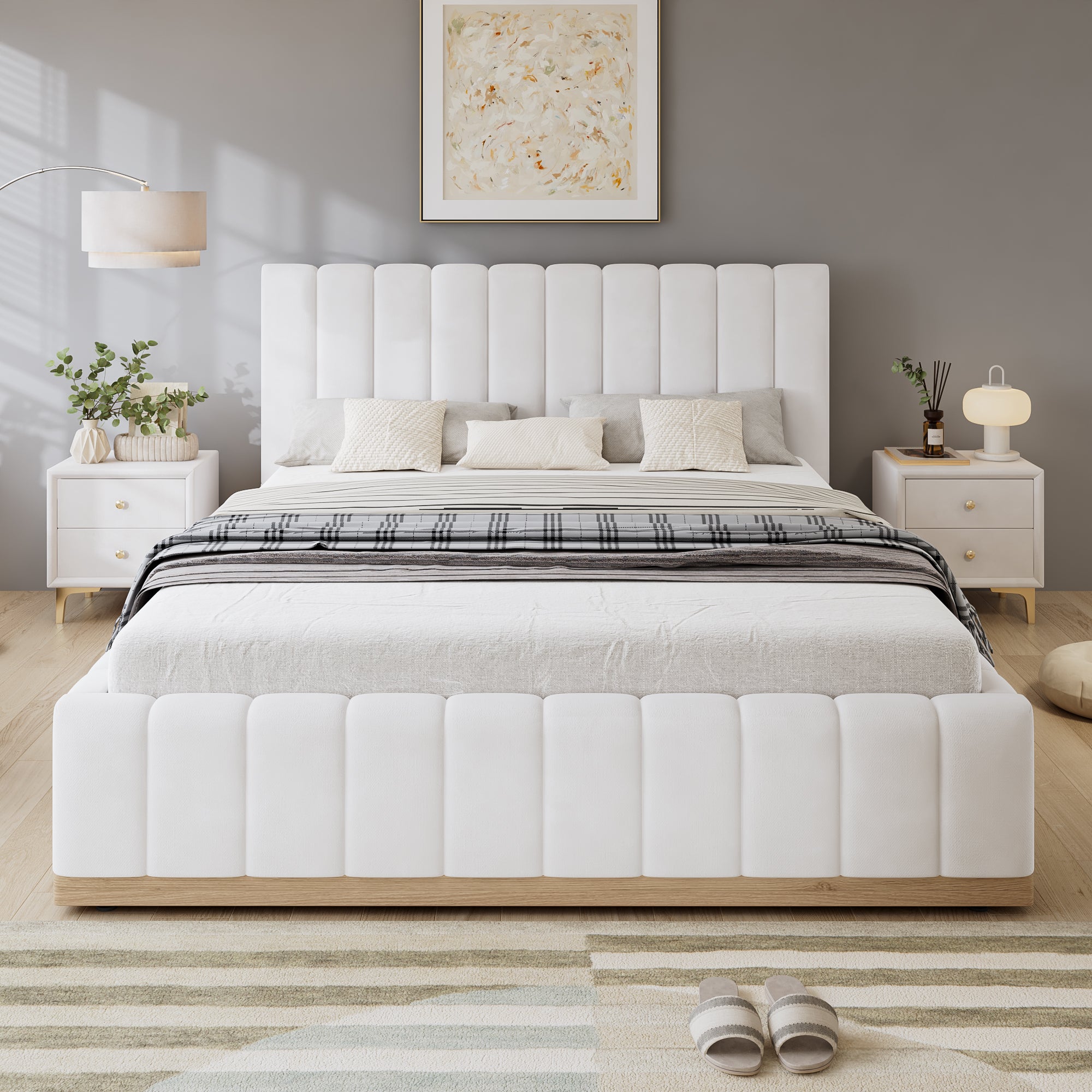 Beige Upholstered Double Bed | 4ft6 135x190cm | Soft PU Headboard | Premium Home Decor | OFIA HOME