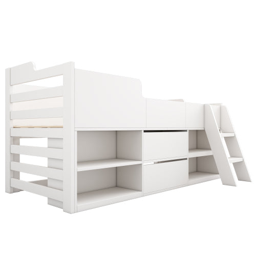 White Mid Sleeper Cabin Bed with Drawers & Shelf | 3ft 90x190cm | Premium Home Decor | OFIA HOME