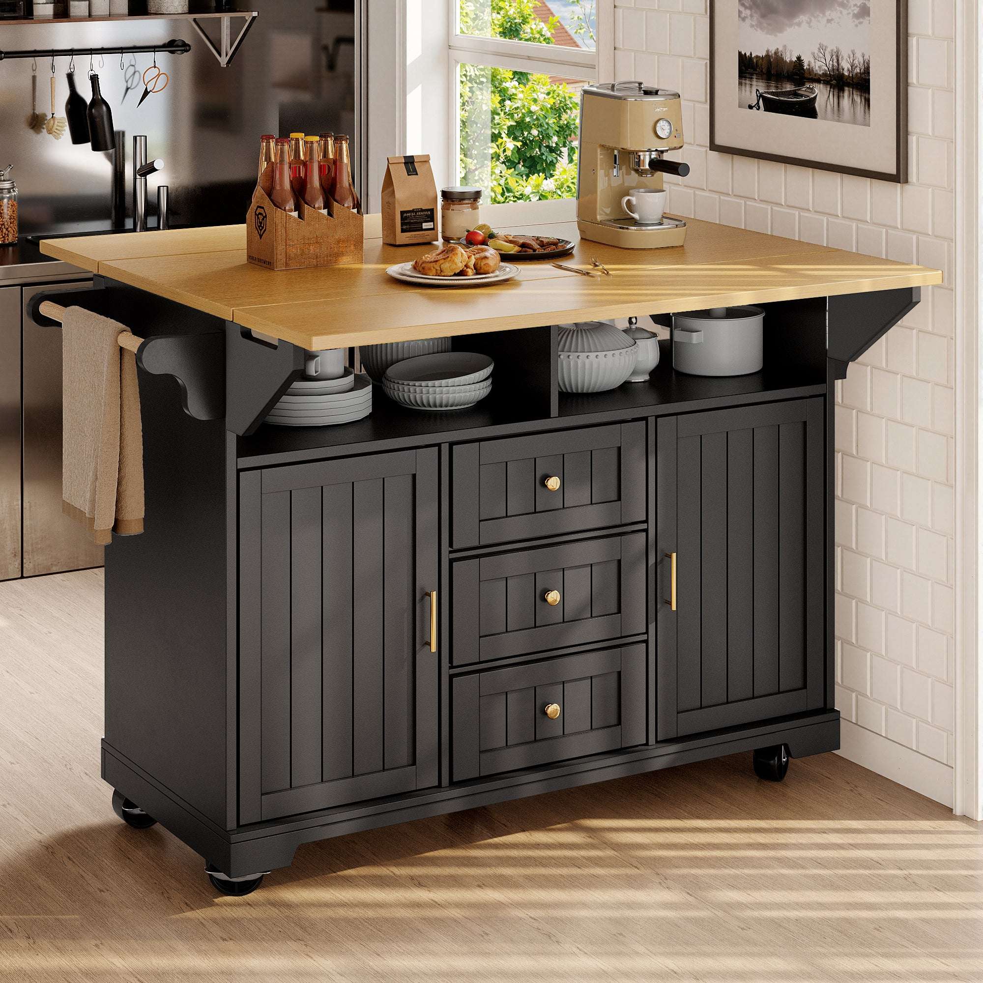 Black Kitchen Island Cabinet with Drawers & Open Shelves | Premium Home Decor | OFIA HOME