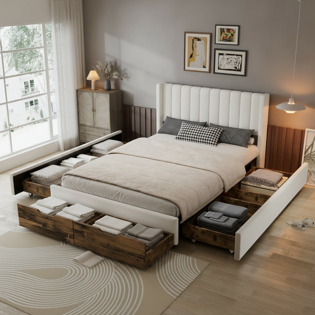 Upholstered Double Bed with Storage | 4ft6 135x190cm | 4 Drawer Divan, Velvet Headboard | Beige