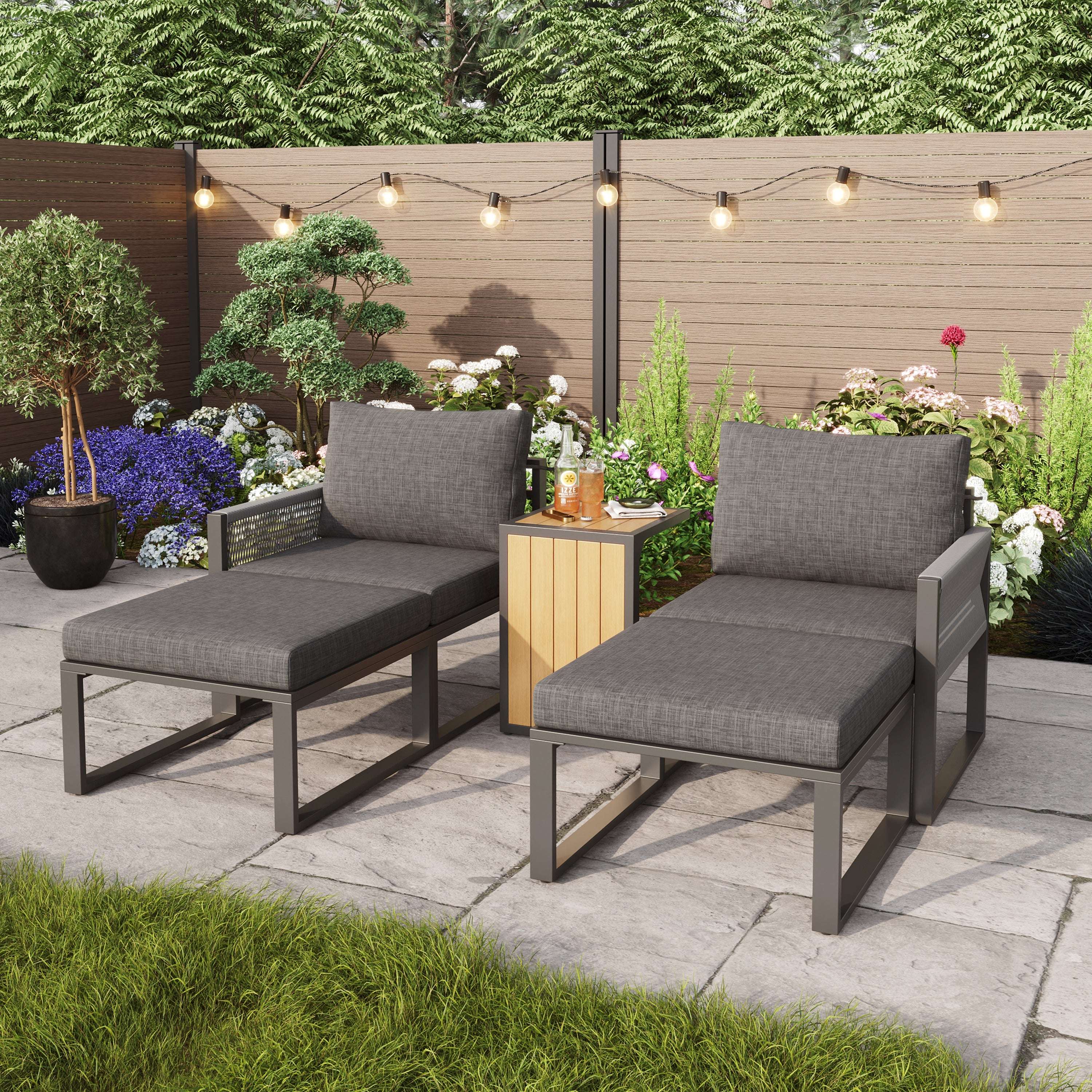Modular Garden Sofa Set | 2-4 Seater Corner Lounge with Wood Table | Grey | Premium Home Decor | OFIA HOME