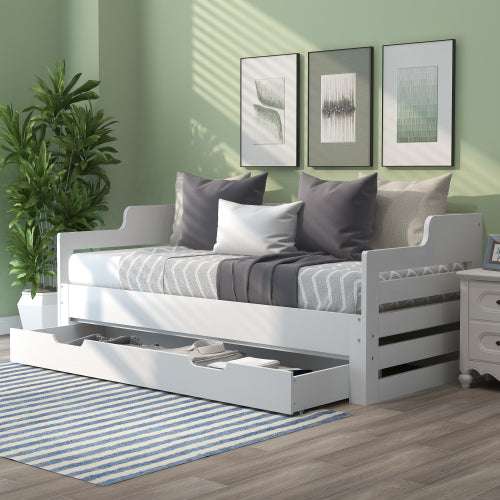 White Single Guest Sofa Bed – Pull-Out Trundle with Storage Drawer, 90x190cm | Premium Home Decor | OFIA HOME