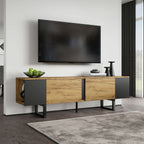 Natural Wood & Black TV Cabinet | 180cm Media Unit for TVs Up to 75" | Soft-Close Doors & Open Shelves | Premium Home Decor | OFIA HOME