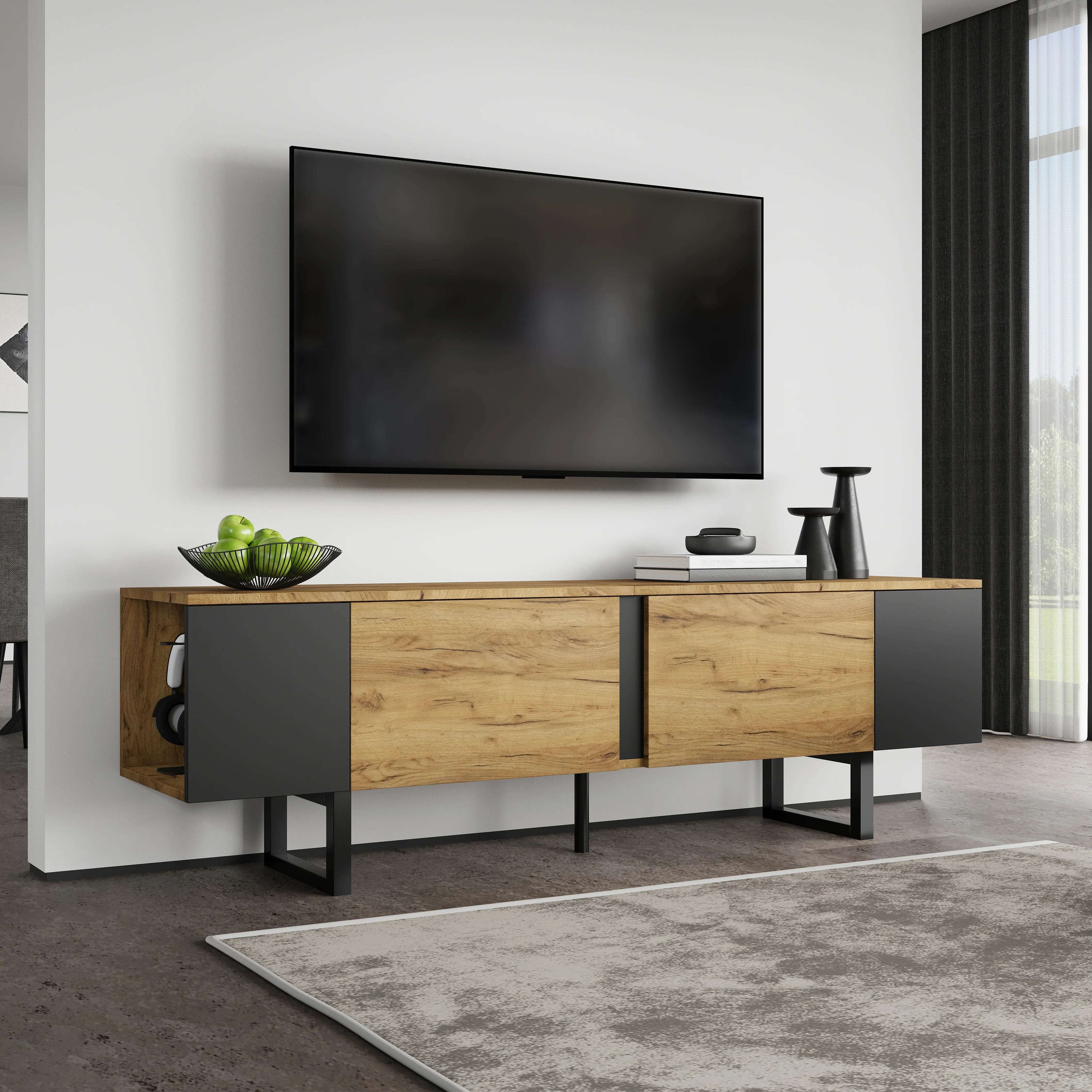 Natural Wood & Black TV Cabinet | 180cm Media Unit for TVs Up to 75" | Soft-Close Doors & Open Shelves | Premium Home Decor | OFIA HOME