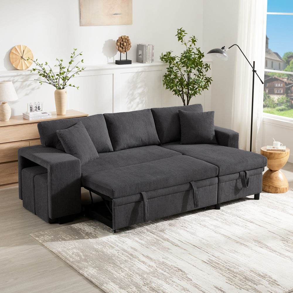 Grey L-Shaped Corner Sofa Bed with Storage, USB Charging & 2 Ottomans | Corduroy | Premium Home Decor | OFIA HOME