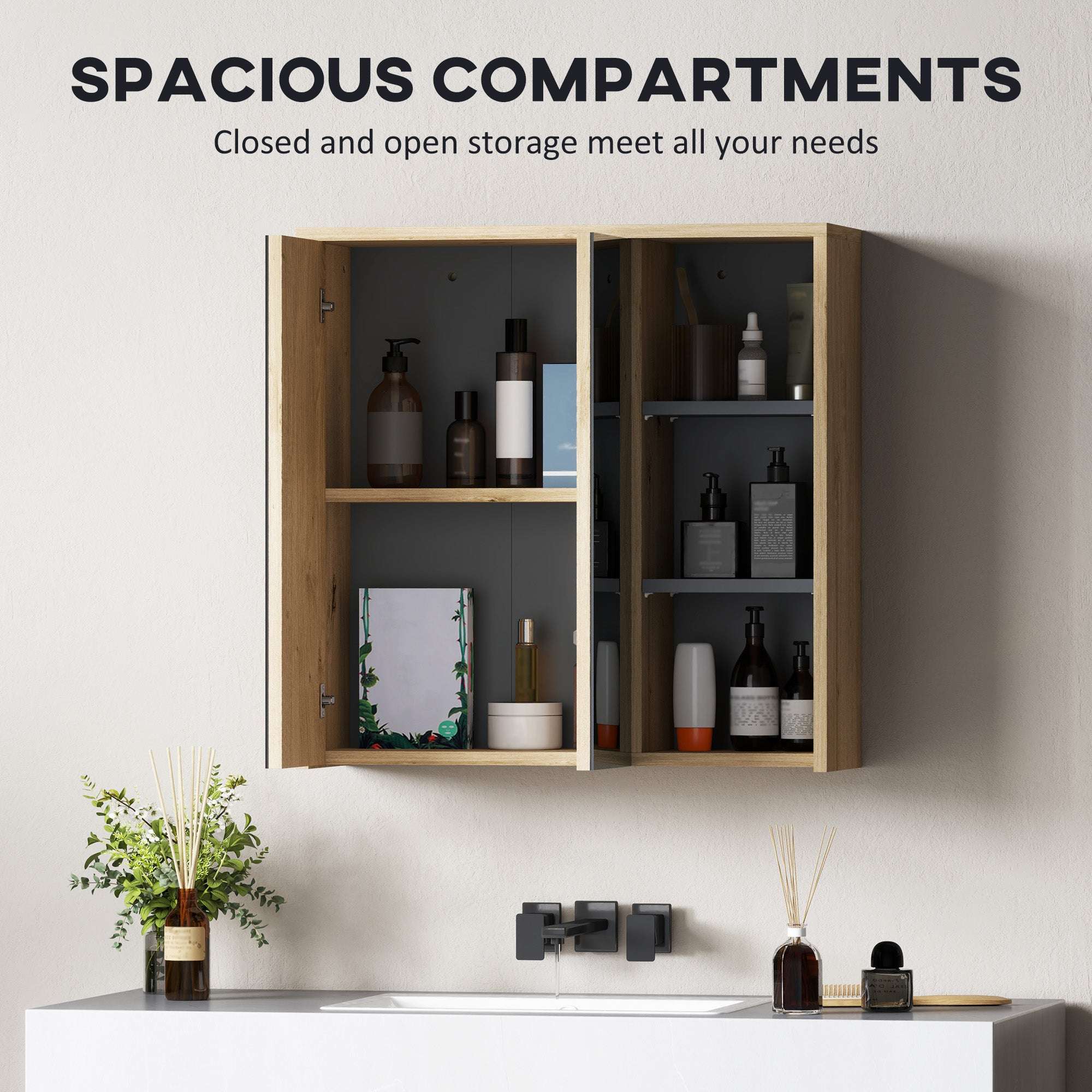 Five-Shelf Mirrored Bathroom Cabinet – Wood-Effect | Premium Home Decor | OFIA HOME