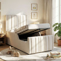 Children's Single Bed | Linen Upholstered Headboard & Hydraulic Storage | 3ft 90x190cm | Beige | Premium Home Decor | OFIA HOME